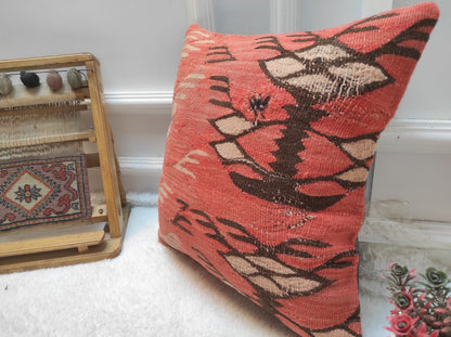 Handmade Red Kilim Pillow Cover: Turkish Woven Rug, 16x16 Inc