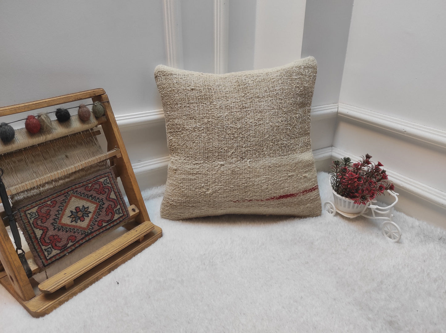 Handmade Kilim Pillow Cover: Upcycled Turkish Rug, White 16x16