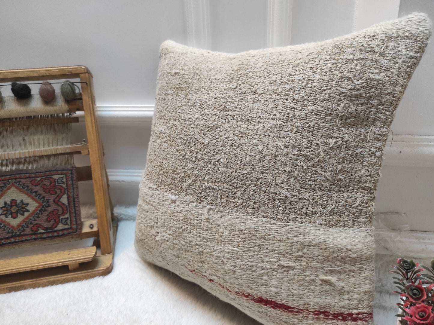 Handmade Kilim Pillow Cover: Upcycled Turkish Rug, White 16x16