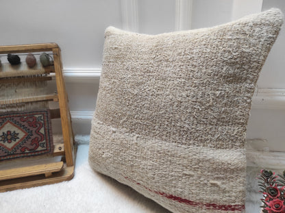 Handmade Kilim Pillow Cover: Upcycled Turkish Rug, White 16x16