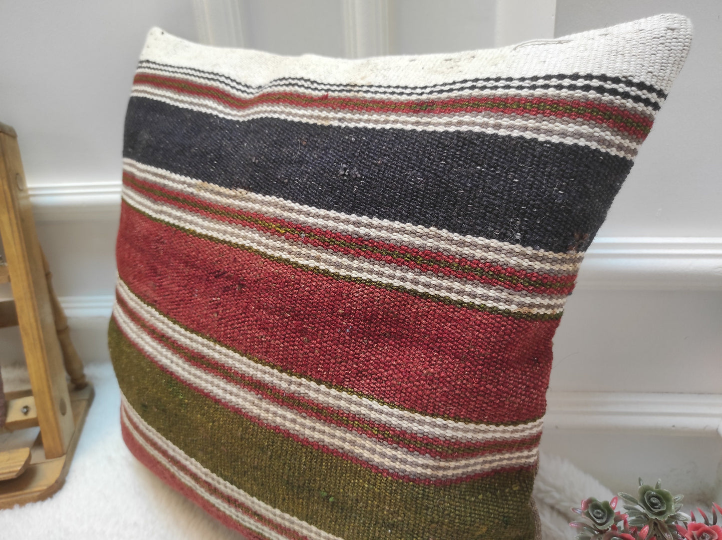 Handmade Kilim Pillow Cover: Upcycled Woven Rug, Bohemian Decor (18x18)