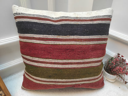 Handmade Kilim Pillow Cover: Upcycled Woven Rug, Bohemian Decor (18x18)