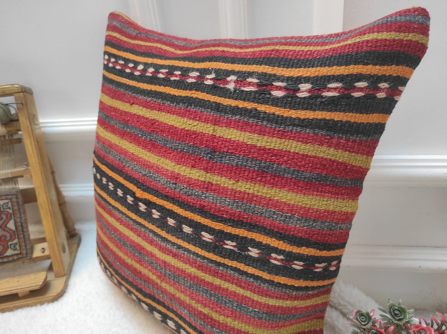 Handmade Kilim Pillow Cover: Upcycled Woven Rug, Red Striped Throw Pillow (18x18 in)