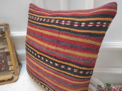 Handmade Kilim Pillow Cover: Upcycled Woven Rug, Red Striped Throw Pillow (18x18 in)