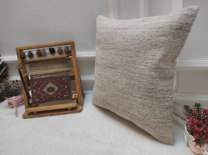 Handmade White Kilim Pillow Cover: Upcycled Woven Rug, 18x18 in