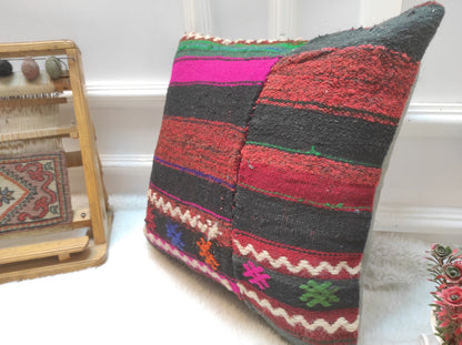 Handwoven Kilim Pillow Cover: Vintage Tribal Rug, 16x16 Inch