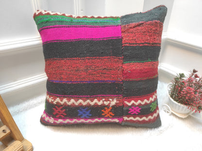 Handwoven Kilim Pillow Cover: Vintage Tribal Rug, 16x16 Inch