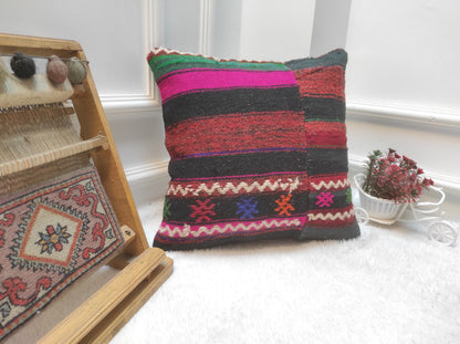 Handwoven Kilim Pillow Cover: Vintage Tribal Rug, 16x16 Inch