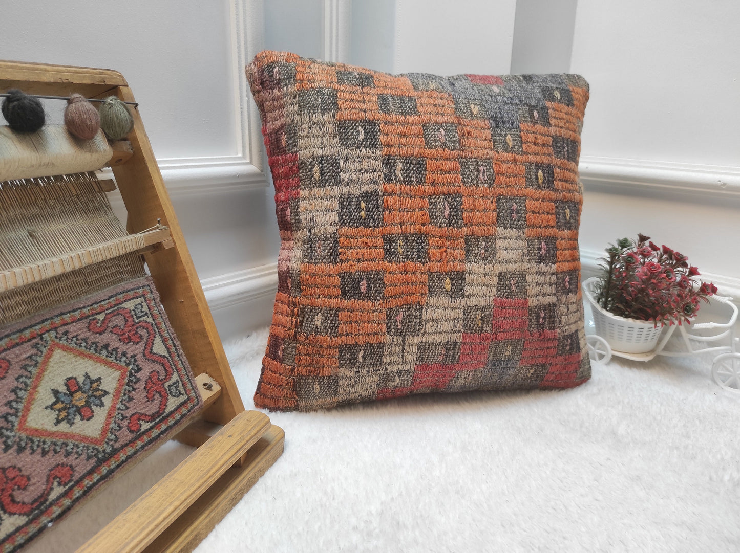 Handmade Kilim Pillow Cover: Upcycled Woven Rug, Bohemian Decor (16x16 inc)