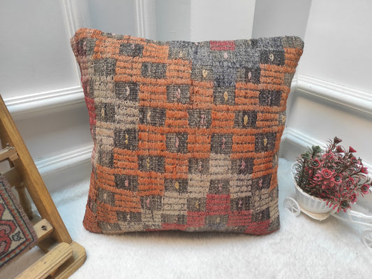 Handmade Kilim Pillow Cover: Upcycled Woven Rug, Bohemian Decor (16x16 inc)