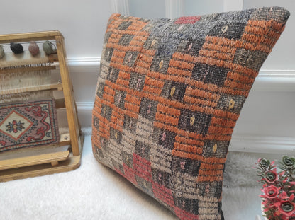 Handmade Kilim Pillow Cover: Upcycled Woven Rug, Bohemian Decor (16x16 inc)