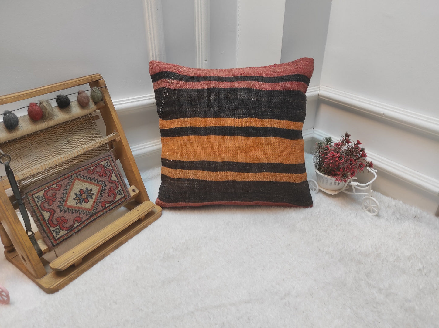 Handmade Kilim Pillow Cover: Black & Orange Bohemian Pillow (16x16 inc)