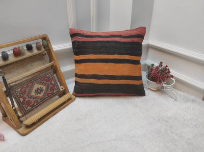 Handmade Kilim Pillow Cover: Black & Orange Bohemian Pillow (16x16 inc)