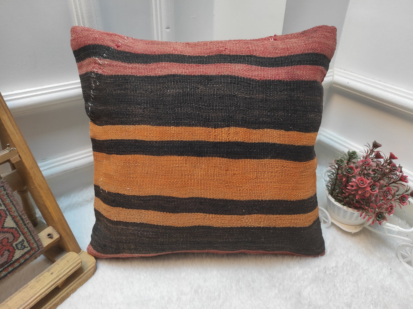 Handmade Kilim Pillow Cover: Black & Orange Bohemian Pillow (16x16 inc)