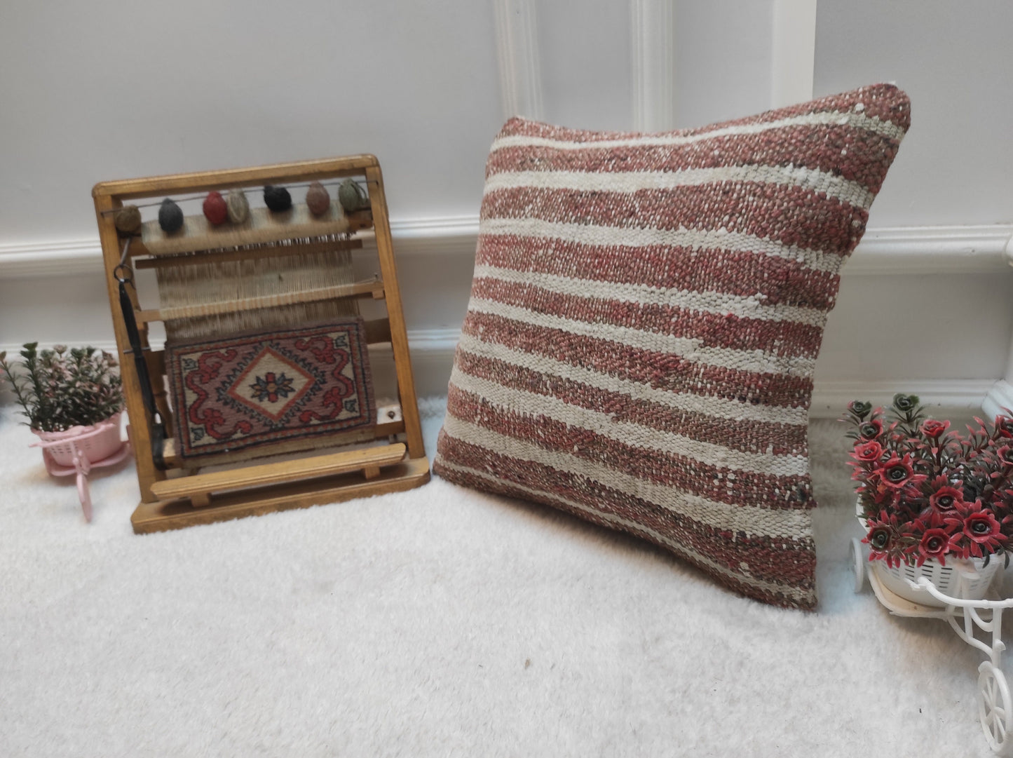 Handmade Kilim Pillow Cover: Upcycled Turkish Rug, 16x16 inch