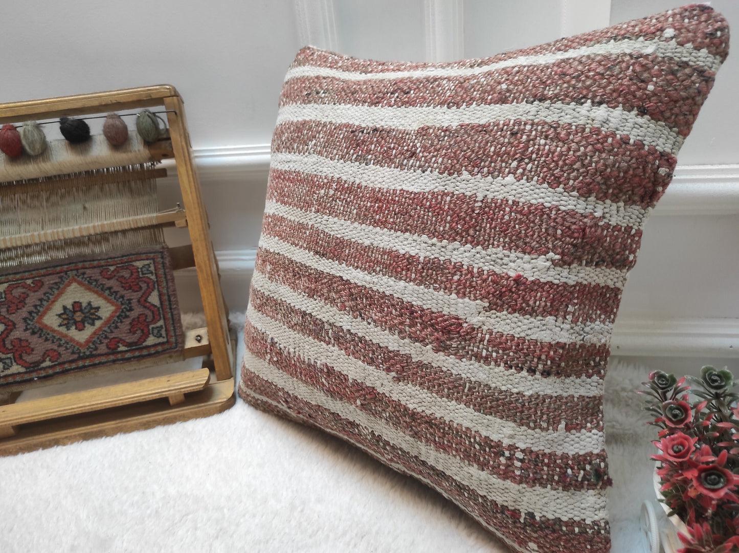 Handmade Kilim Pillow Cover: Upcycled Turkish Rug, 16x16 inch