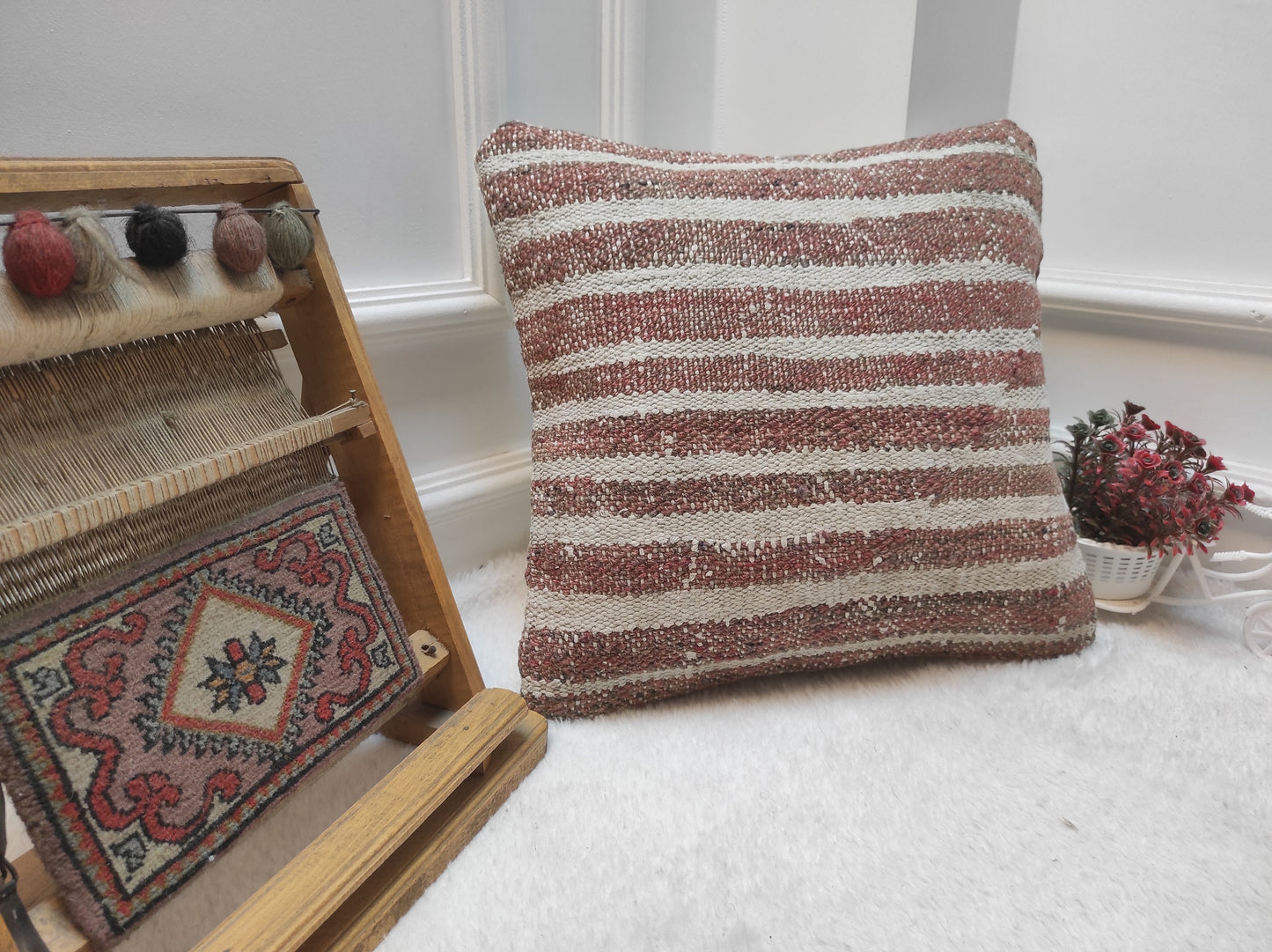 Handmade Kilim Pillow Cover: Upcycled Turkish Rug, 16x16 inch