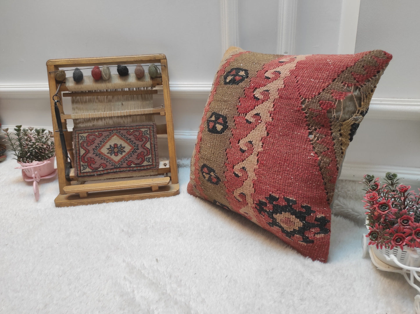 Handmade Kilim Pillow Cover: Upcycled Woven Rug, Bohemian Decor (16x16 in)