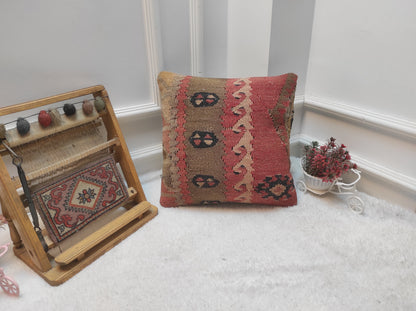 Handmade Kilim Pillow Cover: Upcycled Woven Rug, Bohemian Decor (16x16 in)