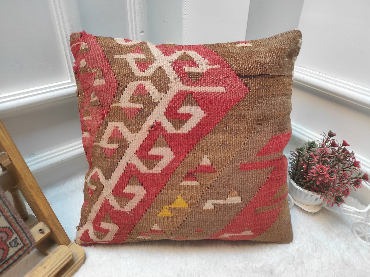 Handmade Kilim Pillow Cover: Upcycled Woven Rug, 16x16 in