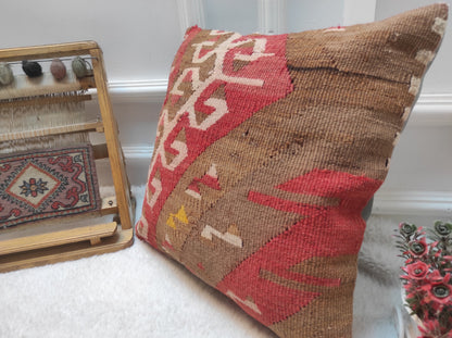 Handmade Kilim Pillow Cover: Upcycled Woven Rug, 16x16 in