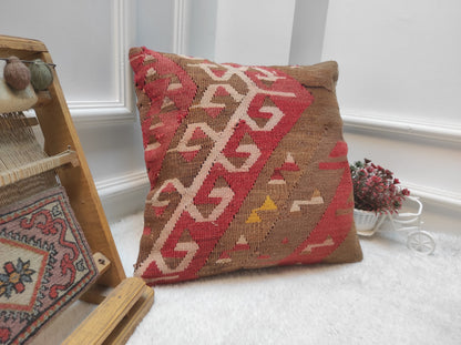 Handmade Kilim Pillow Cover: Upcycled Woven Rug, 16x16 in