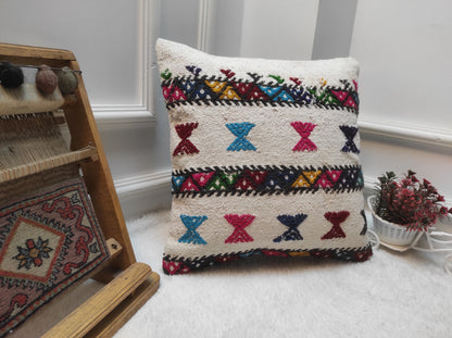 Handwoven Kilim Pillow Cover: Upcycled Bohemian Rug Pillow (16x16 Inc)