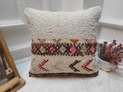 Handmade Kilim Pillow Cover: Upcycled Wool, Bohemian Accent 14x14 Inch