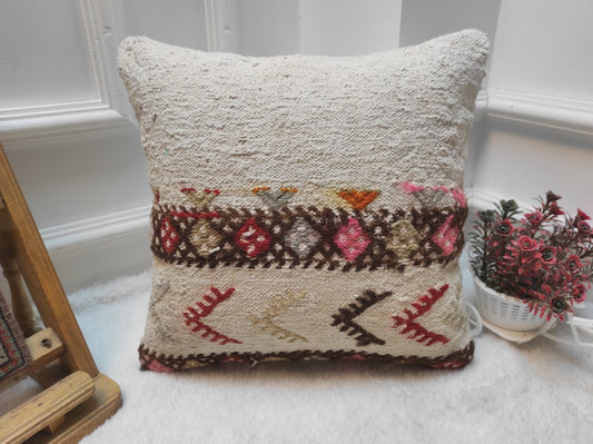 Handmade Kilim Pillow Cover: Upcycled Wool, Bohemian Accent 14x14 Inch