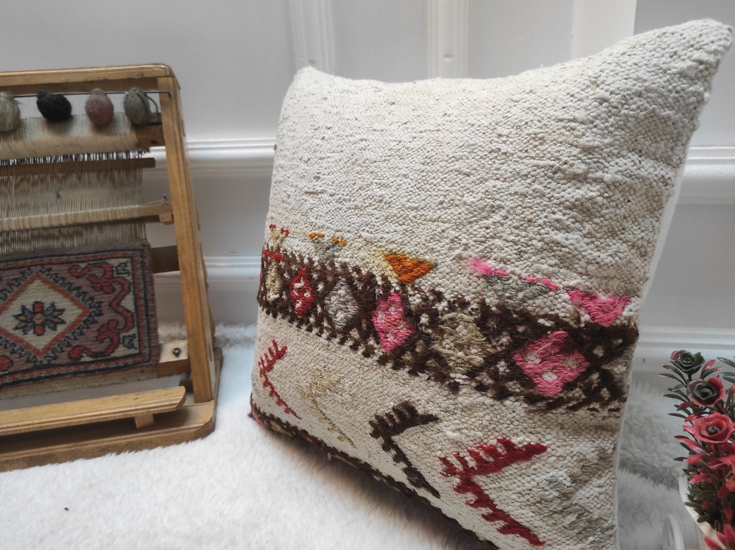 Handmade Kilim Pillow Cover: Upcycled Wool, Bohemian Accent 14x14 Inch