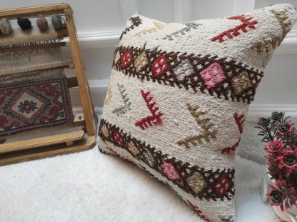 Handmade Kilim Pillow Cover: Upcycled Woven Rug, Bohemian Decor (14x14 Inc)