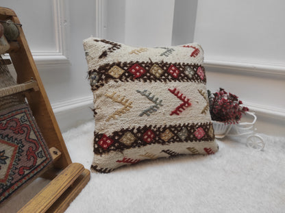 Handmade Kilim Pillow Cover: Upcycled Woven Rug, Bohemian Decor (14x14 Inc)