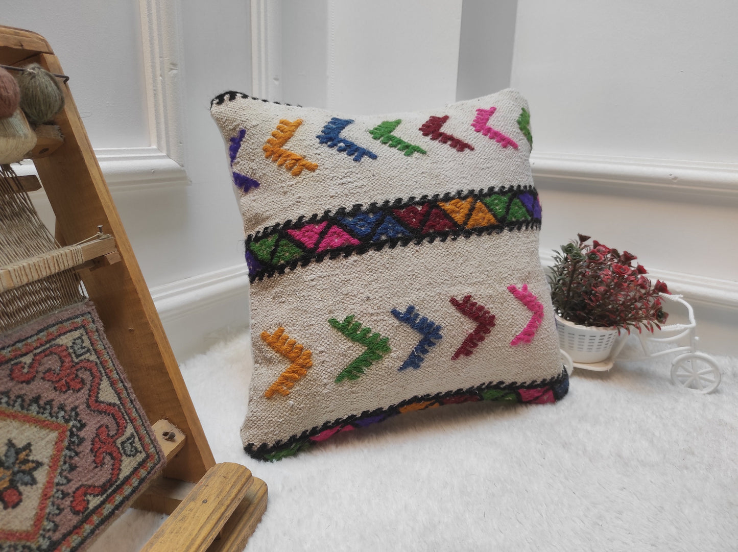 Handwoven Kilim Pillow Cover: Upcycled Wool, Tribal Design (14x14 Inc)
