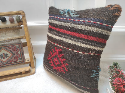 Handmade Kilim Pillow Cover: Black Bohemian Woven Rug Pillow (14x14 inc)