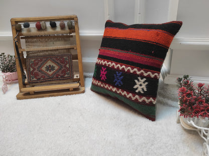Handmade Kilim Pillow Cover: Upcycled Woven Rug, Bohemian Decor 14x14 Inch
