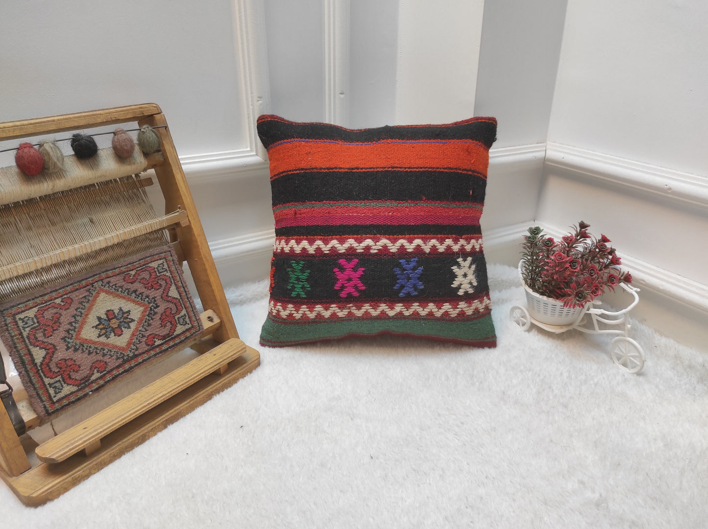Handmade Kilim Pillow Cover: Upcycled Woven Rug, Bohemian Decor 14x14 Inch