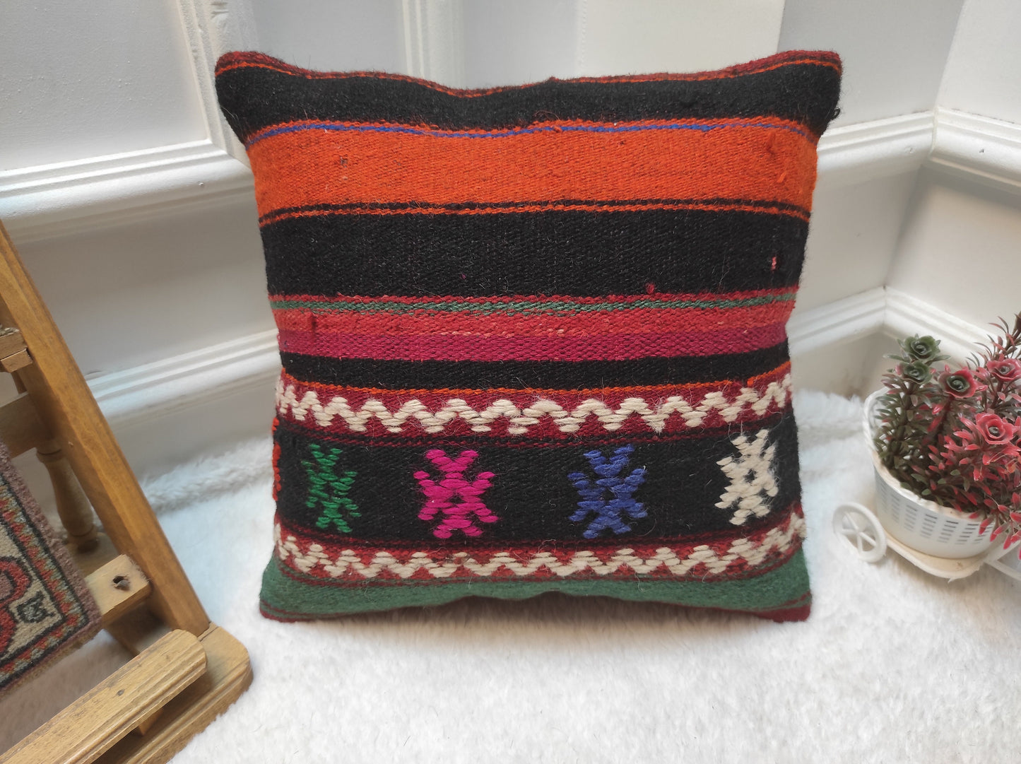 Handmade Kilim Pillow Cover: Upcycled Woven Rug, Bohemian Decor 14x14 Inch