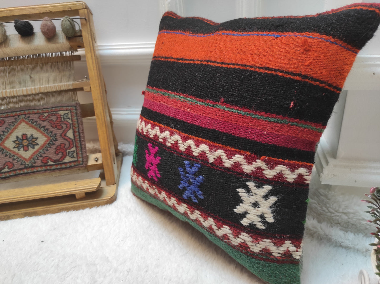 Handmade Kilim Pillow Cover: Upcycled Woven Rug, Bohemian Decor 14x14 Inch