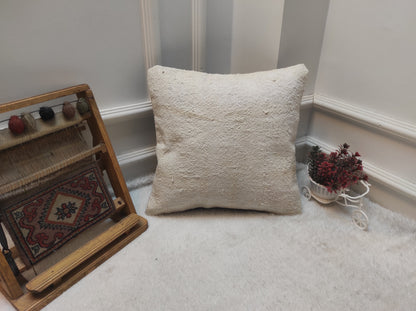 Handmade Kilim Pillow Cover: Upcycled White Wool, Turkish Rug (16x16)