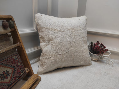 Handmade Kilim Pillow Cover: Upcycled White Wool, Turkish Rug (16x16)