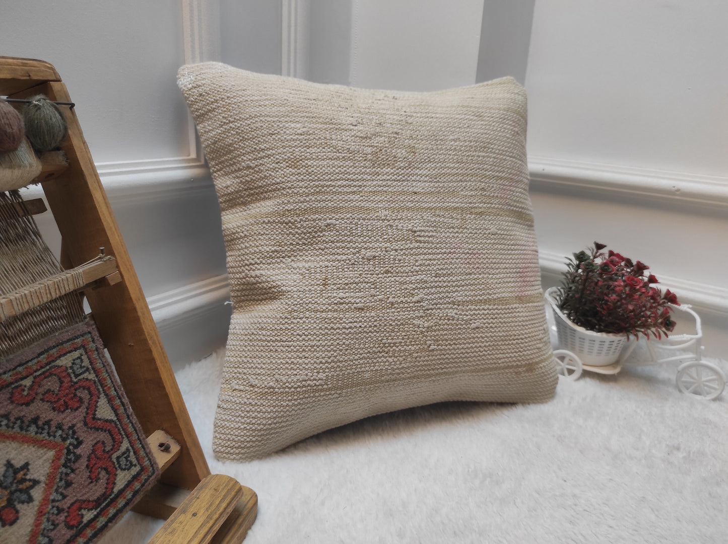 Handmade Kilim Pillow Cover: Upcycled Woven Rug, White 16x16