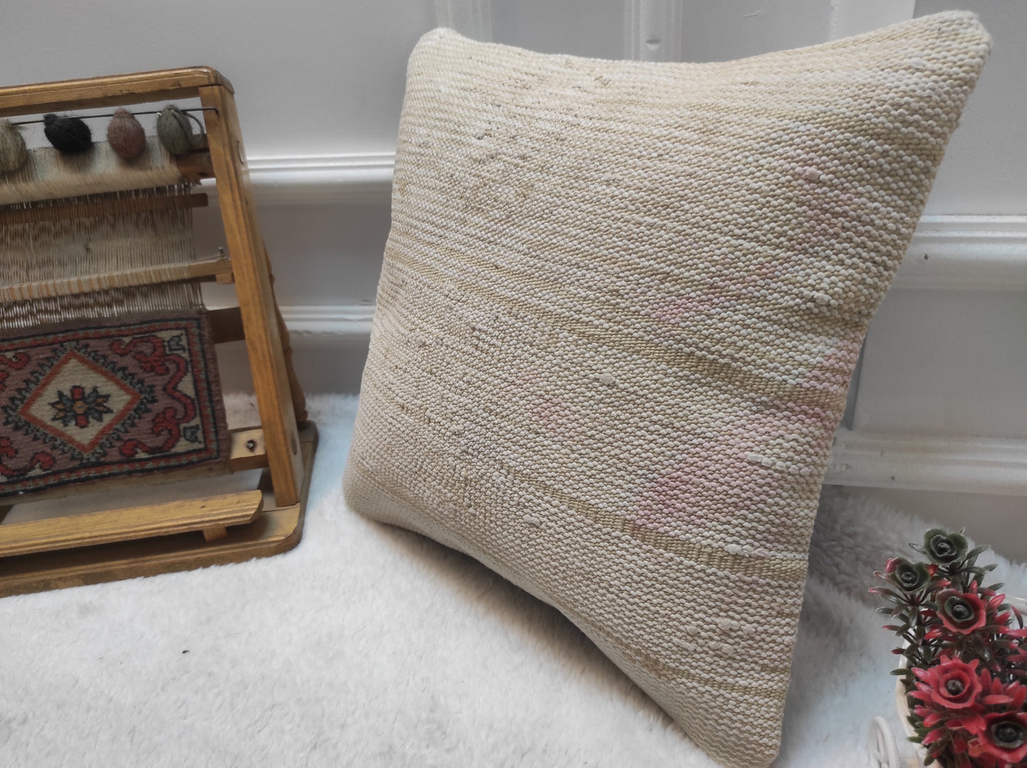 Handmade Kilim Pillow Cover: Upcycled Woven Rug, White 16x16