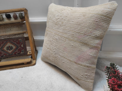 Handmade Kilim Pillow Cover: Upcycled Woven Rug, White 16x16