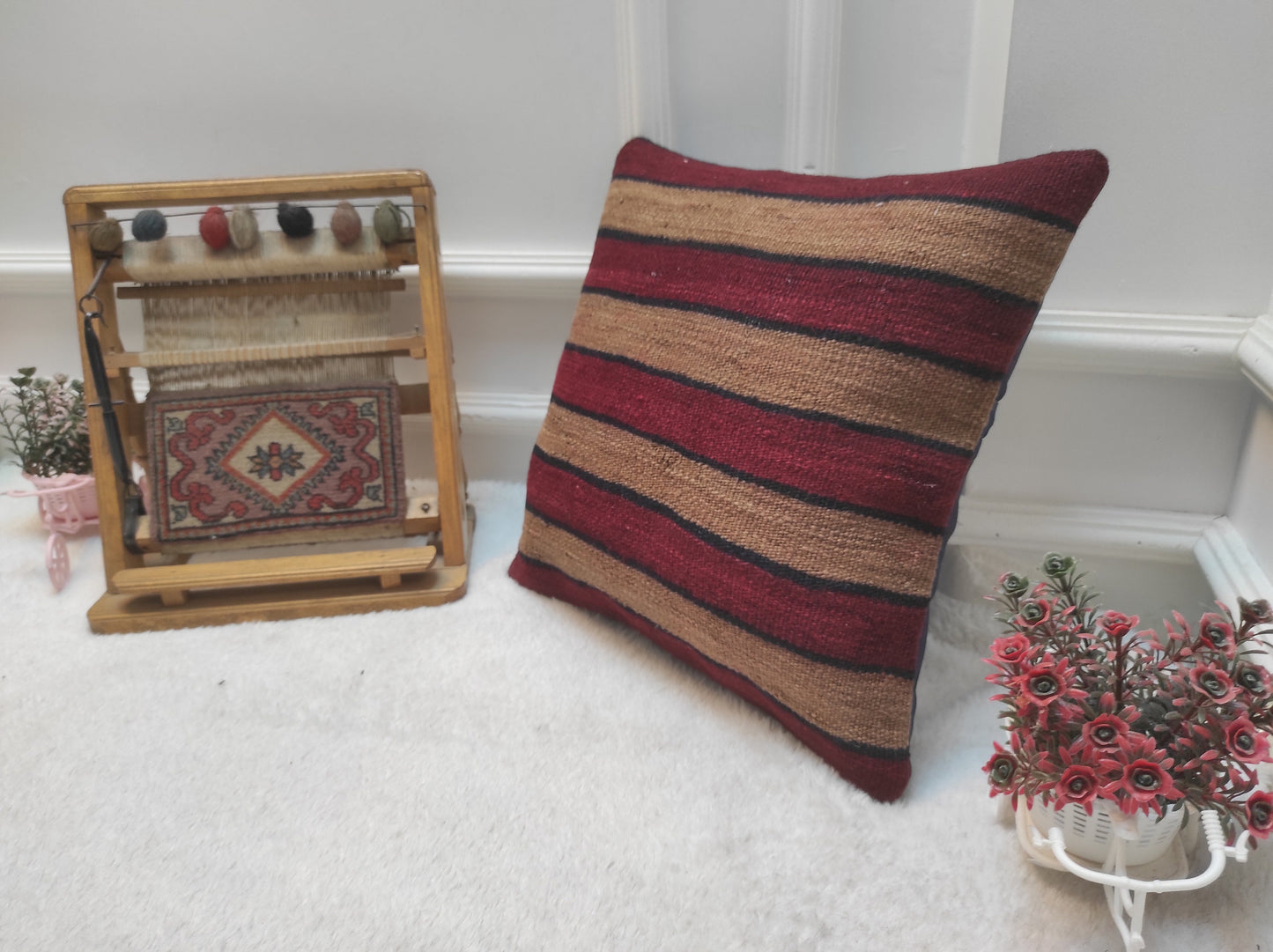 Handmade Kilim Pillow Cover: Upcycled Woven Rug, Striped Accent Pillow (16x16)