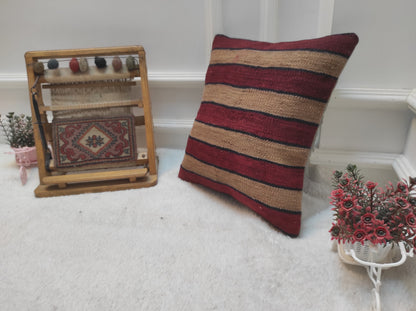 Handmade Striped Kilim Pillow Cover: Upcycled Woven Rug, 16x16