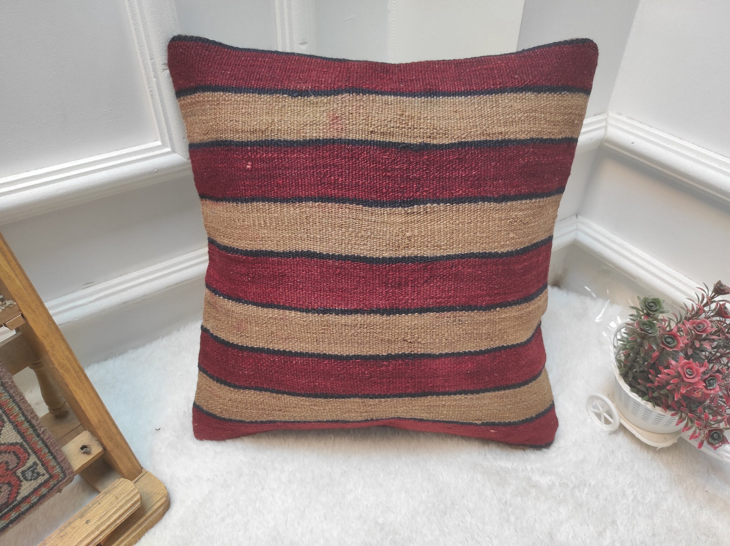 Handmade Striped Kilim Pillow Cover: Upcycled Woven Rug, 16x16