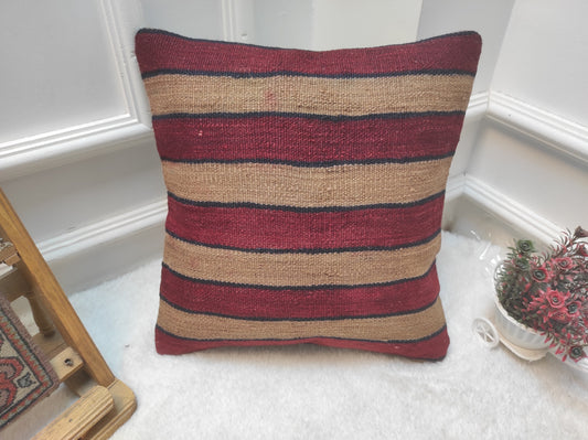 Handmade Striped Kilim Pillow Cover: Upcycled Woven Rug, 16x16
