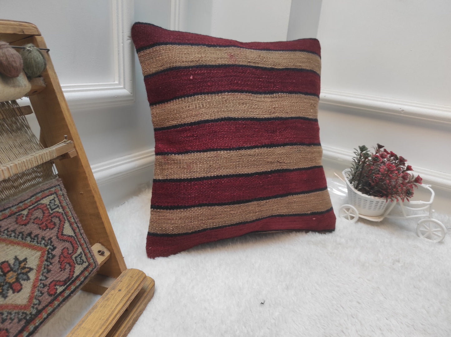 Handmade Striped Kilim Pillow Cover: Upcycled Woven Rug, 16x16