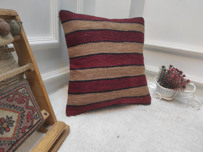 Handmade Striped Kilim Pillow Cover: Upcycled Woven Rug, 16x16