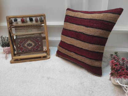 Handmade Kilim Pillow Cover: Upcycled Woven Rug, Bohemian Accent (16x16)